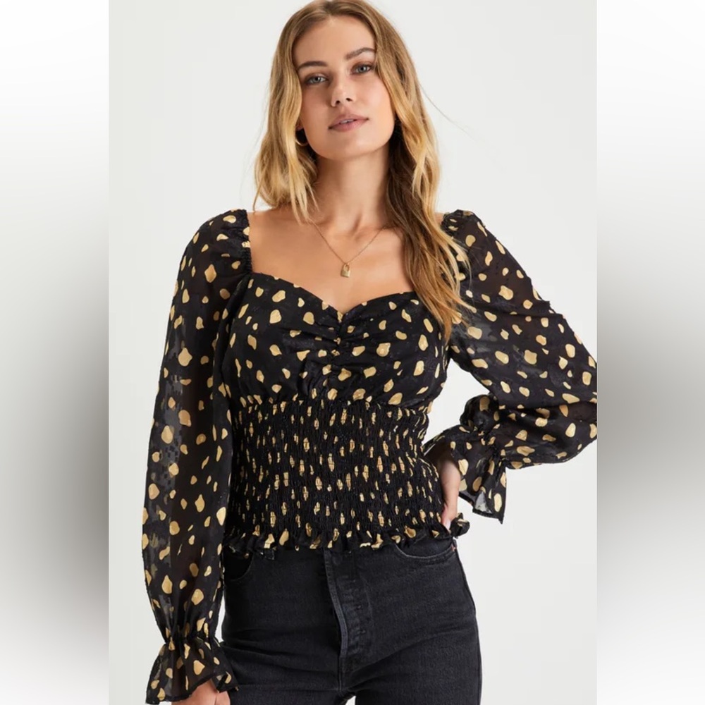 Medium Lulus Black Yellow Polka Dot Jacquard Smocked Sweetheart Top